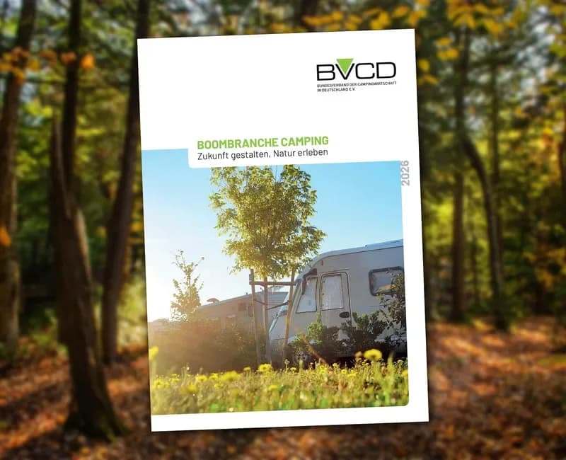 Titelseite der BVCD-Broschüre „Boombranche Camping — Zukunft gestalten, Natur erleben" vor herbstlichem Wald